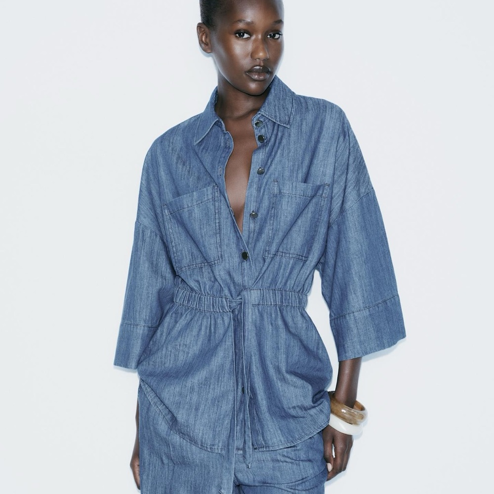 Flowy Denim Shirt with Tie (Matching Pants Available)